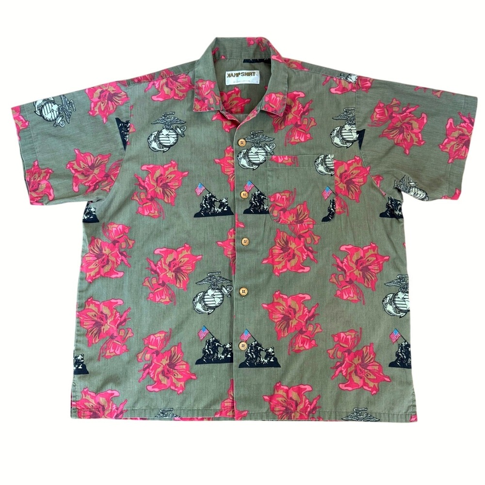 USMC Marine Corps Aloha Shirt Olive Green Pink Floral Iwo Jima Semper Fi Mens L